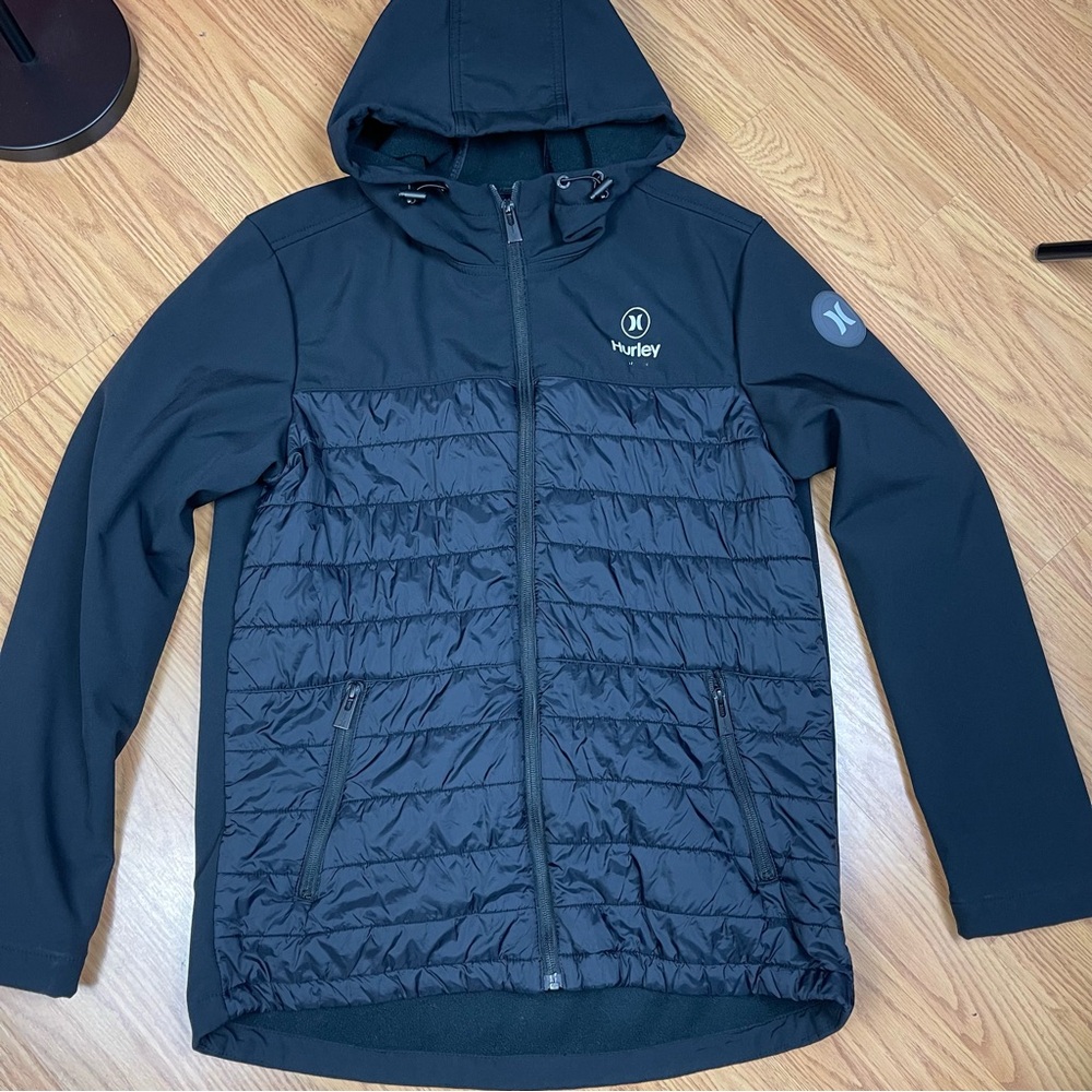 Hurley Men's Mix Media Wind Resistant Puffer Softshell Hooded Jacket